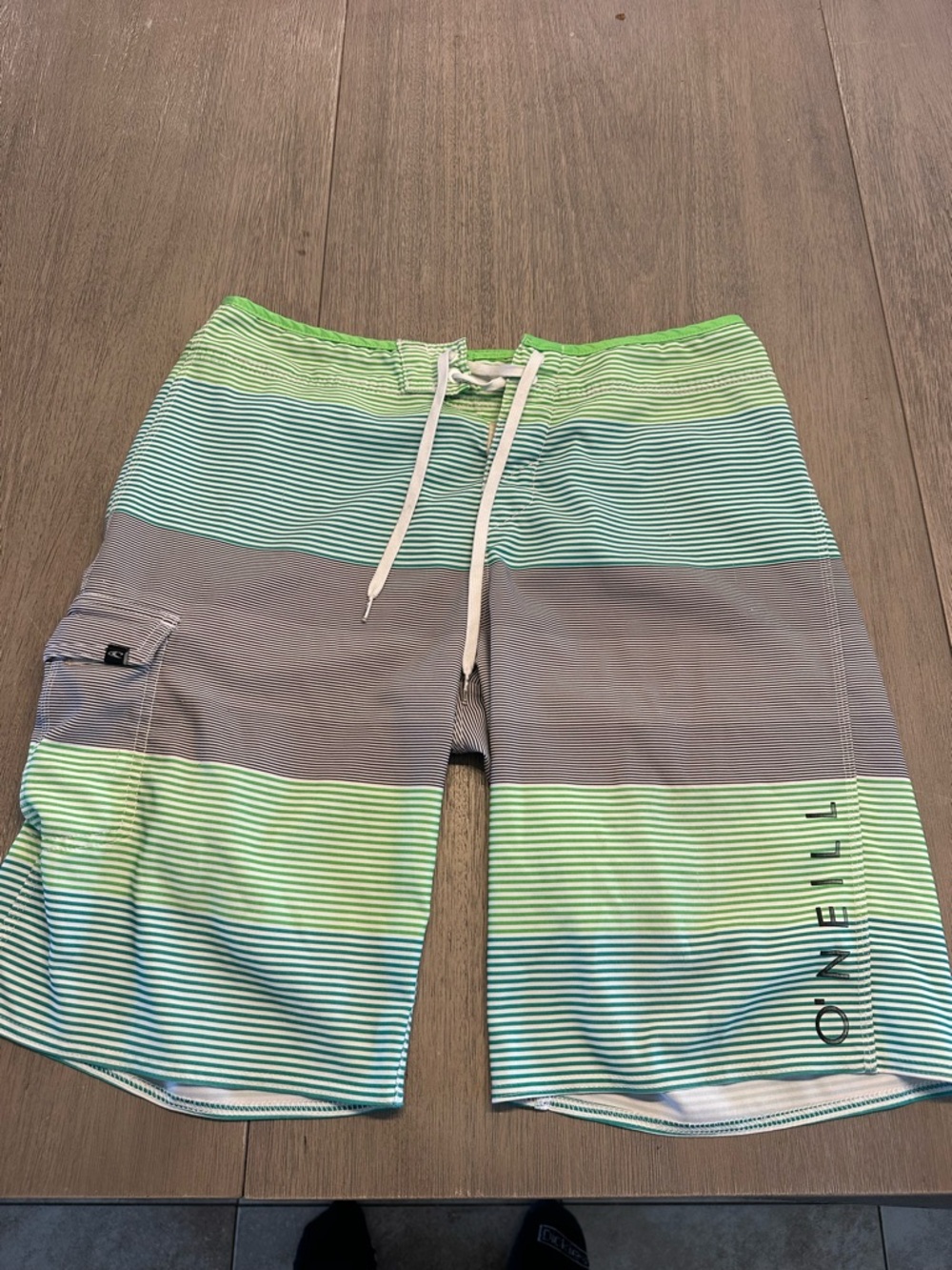 O'Neill Men's Green & Gray Striped Swim Boardshorts with White Drawstring
